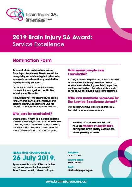 2019 Brain Injury SA Award: Service Excellence Nomination Form