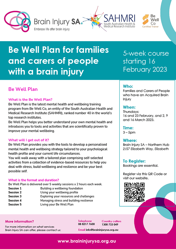 Be Well Plan for families and carers of people with a brain injury: 5-week course starting 16 February 2023 – Download Flyer